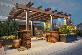 Exterior Excellent Home Roof Top Terrace Design Using Wooden Pergola Roof Also Jar Water Feature Rooftop Terrace Design Terrace Garden Design Rooftop Design