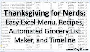Thanksgiving For Nerds Easy Excel Menu Recipes Automated Grocery List Maker And Timeline 50by25
