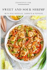 Sweet Sour Shrimp With Rice Noodles Carrots And Peppers Zen Spice Recipe Stuffed Peppers Rice Noodles Shrimp Dishes