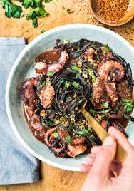 Braised Polipetti Baby Octopus With Squid Ink Chitarra Pasta In 2020 With Images Baby Octopus