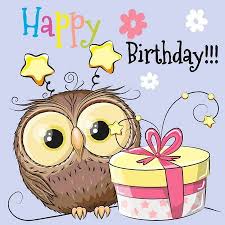 Greeting Card Cute Owl With Gift On A Blue Background Happy Birthday Owl Happy Birthday Kids Happy Birthday Greetings