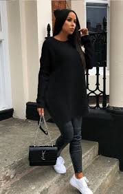 Black Oversized Split Side Knitted Jumper Lore Plus Size Winter Outfits Winter Fashion Outfits Outfits With Leggings