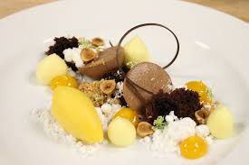 Valrhona Manjari Chocolate Mousse Microwave Chocolate Sponge Cake Passion Fruit Gel White Chocolate Powder Passion Fruit Sorbet Toasted Hazelnut Passion F Passion Fruit Sorbet Chocolate Sponge Chocolate Powder