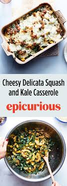 Cheesy Delicata Squash And Kale Casserole Recipe Vegetarian Recipes Easy Recipes Delicata Squash