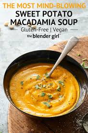 Macadamia Roasted Sweet Potato Soup Vegan Paleo The Blender Girl Recipe Sweet Potato Soup Vegan Sweet Potato Soup Orange Sweet Potatoes