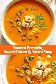 This Creamy Roasted Pumpkin Sweet Potato And Carrot Soup Is Easy Comforting And Full Of Flavou Sweet Potato Soup Sweet Potato Carrot Soup Pumpkin Soup Recipe