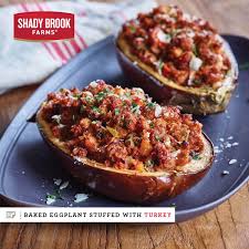 Baked Eggplant Stuffed With Turkey Recipe Shady Brook Farms Recipes Baked Eggplant Turkey Recipes