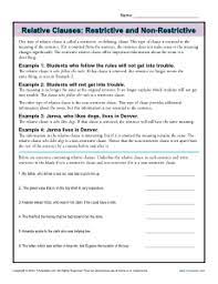 (before doing the exercises you may want to read the lesson on relative clauses ). Relative Clauses Restrictive And Non Restrictive Grammar Worksheets