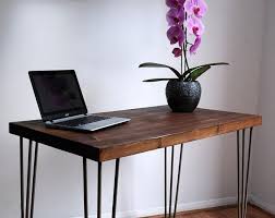 Modern Desk With Metal Hairpin Legs Industrial Desk Office Etsy Dark Wood Desk Solid Wood Desk Steel Desk