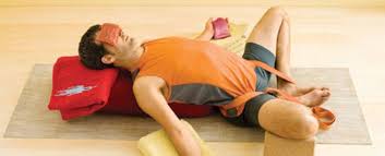Reclining Bound Angle Pose Supta Baddha Konasana Yoga For Migraines How To Relieve Stress Yoga Poses