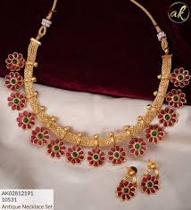 Stunning One Gram Gold Necklace With Flower Hangings Necklace Studded With Pink And Green Color Gold Jewellery Design Jewelry Design Necklace Fashion Jewelry