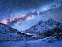 Bright Milky Way Over Snow Covered Mountains And Sea Bay At Nigh Night Landscape Milky Way Milky Way Galaxy