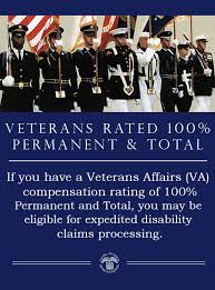If You Have A Va Compensation Rating Of 100 P T You May Be Eligible For Expedited Disability Claims Pro Veterans Affairs Military Benefits Disability Benefit