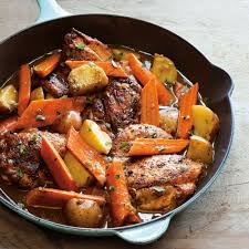 Braised Chicken Thighs With Carrots Potatoes And Thyme Recipe Braised Chicken Thighs Recipes Braised Chicken