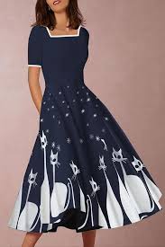 Vintage Print Mid Waist A Line Midi Dresses Dresses Evening Dresses Elegant Midi Dress Style