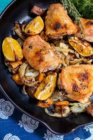 Meyer Lemon Roasted Chicken Thighs Fennel And Sweet Potatoes Sundaysupper The Girl In The Little Red Kitchen Recipe Lemon Roasted Chicken Chicken Entrees Chicken Dinner