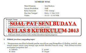 Soal Dan Kunci Jawaban Pat Seni Budaya Smp Kelas 8 Kurikulum 2013 Tahun Pelajaran 2018 2019 Didno76 Com