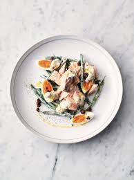 Gorgeous Steamed Salmon With Soft Boiled Eggs Green Beans Salty Black Olives And A Creamy Greek Yoghurt Dres Salmon Recipes Jamie Oliver Recipes Jamie Oliver