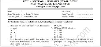 Download Soal Dan Kunci Jawaban Pts Matematika Kelas V Lima Semester Ii 2 Sd Mi Kurikulum 2013 Guru Jumi