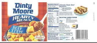 1 can dinty moore beef stew (40z), 1 x 9 prepared pie. Flashlight Findings Prompt Hormel Foods Beef Recall