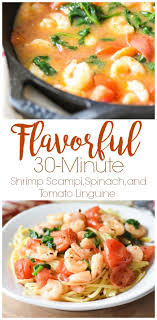 Flavorful Easy Shrimp Scampi Spinach And Tomato Linguine Recipe Easy Shrimp Scampi Fish Recipes Healthy Tomato Linguine