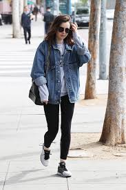 Lily Collins Made Us Wish We Looked This Good Apres Gym With An Oversized Denim Jacket Layered Outfits With Leggings Casual Winter Outfits Denim Jacket Outfit Winter layering with a denim jacket | be daze live. oversized denim jacket
