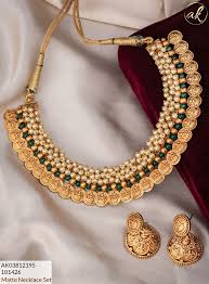 Stunning One Gram Gold Necklace With Lakshmi Kasu Hangings Necklace Studded W Indian Jewellery Design Earrings Jewelry Design Necklace Jewelry Design Earrings