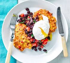 Sweetcorn Fritters With Eggs Black Bean Salsa Recipe In 2020 Bbc Good Food Recipes Black Bean Salsa Recipes
