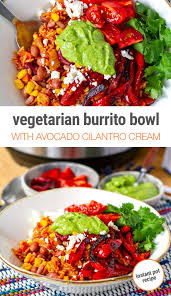 Vegetarian Instant Pot Burrito Bowl With Avocado Crema Recipe Vegetarian Instant Pot Vegetarian Recipes Dinner Healthy Instant Pot Recipes