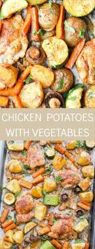 One Pan Chicken Potatoes And Vegetables Recipe Chicken Thighs With Potatoes Mushrooms Zucchini And Carrots Vegetable Recipes Pan Chicken Chicken Potatoes