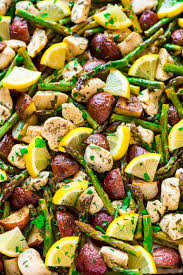 Healthy Baked Lemon Chicken With Garlic Rosemary Potatoes And Asparagus Easy All I Baked Lemon Chicken Lemon Chicken With Asparagus Easy Asparagus Recipes