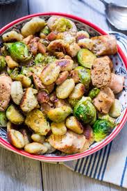 Gnocchi With Chicken Sausage Brussel Sprouts And Apples The Girl In The Little Red Chicken Sausage Recipes Sprout Recipes Sausage And Brussel Sprouts Recipe