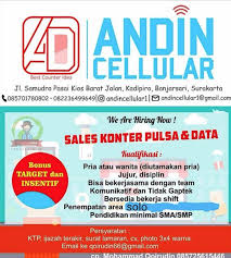 Ada perusahaan yang sedang membuka kesempatan lowongan kerja di daerah wonogiri, staf rekrutmen, perawat, supervisor sales dan banyak lagi melalui indeed.com. Loker Solo Sales Counter Pulsa Dan Data Di Andin Cellular