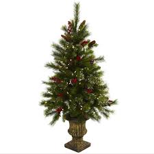 Nearly Natural 4 Ft Artificial Christmas Tree With Berries Pine Cones Led Lights And Decorative Urn 5371 The Home Depot Pre Lit Christmas Tree Faux Christmas Trees Slim Artificial Christmas Trees