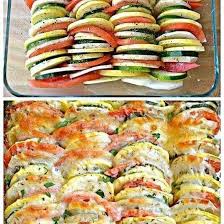 Easy Onion Tomato Zucchini Yellow Squash You Can Also Use Eggplant Slice Thin After Drizzling Baked Veggies Summer Vegetable Recipes Veggie Casserole