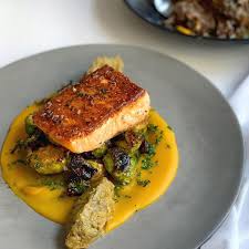 Roast Salmon Over A Butternut Squash Puree With Brussels Sprouts Melted Leeks Butternut Squash Puree Roasted Salmon Butternut Squash