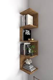 Wooden Corner Bookshelf Wall Mounted Zig Zag 4 Tier Shelf Corner Shelf Bookcase Wall Shelf Vintage Bookshelf Book Rack Display Shelf Wall Bookshelves Corner Bookshelves Wooden Corner Shelf