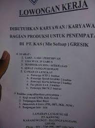 Bakso enak lengkap di gandasuli brebes cuma rp 12 000 part 1. Find Job Surabaya Gresik Sidoarjo Lowongan Pekerjaan Pt Kawung Bag Produksi Gresik