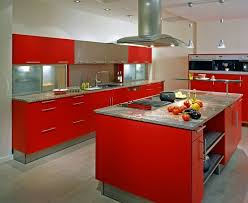 red kitchen cabinets, kitchen interior