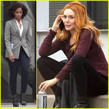 Elizabeth Olsen Spotted On Wandavision Set With Teyonah Parris Aka Adult Monica Rambeau Disney Plus Elizabeth Olsen Marvel Teyonah Parris Wandavision Just Jared