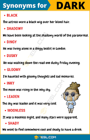 Dark Synonym List Of 100 Synonyms For Dark With Useful Examples 7 E S L Essay Writing Skills English Vocabulary Words Writing Words