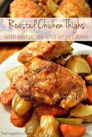 Roasted Chicken Thighs With Potatoes And Vegetables Recipe Yummly Recipe Roasted Chicken Thighs Chicken Thigh Recipes Baked Chicken Thighs
