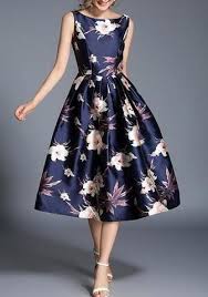 Blue Floral Pleated Backless Round Neck Sleeveless Vintage Midi Dress In 2020 Vintage Midi Dresses Floral Dress Design Fashion Dresses