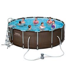 56647 56483 Bestway 427 122cm Power Steel Rattan Frame Pool Set Pool Filter Ladder Mat Cover 14 X Round Above Ground Pool Garden Yard Ideas In Ground Pools