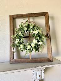 Window Frame Wall Decor Window Frame With Wreath Farmhouse Etsy In 2020 Rustic Window Frame Old Window Decor Window Frame Decor