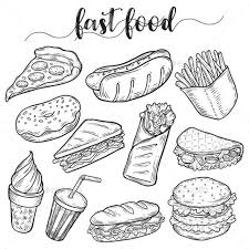 Set Of Isolated Sketches Of Junk Or Fast Food Hot Dog And Hamburger Cheeseburger And Sandwich Donut Or Doughnut Ice C Food Sketch Food Drawing Food Cartoon