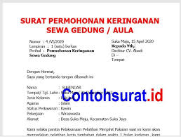 Contoh Surat Permohonan Keringanan Biaya Sewa Gedung Aula Gedung Tanda Surat