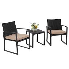 Suncrown Outdoor Furniture 3 Piece Patio Bistro Set Black Wicker Chairs And Glass Top Coffee Table Brown Cushion Walmart Com In 2020 Wicker Outdoor Furniture Set Bistro Set Outdoor Wicker Furniture