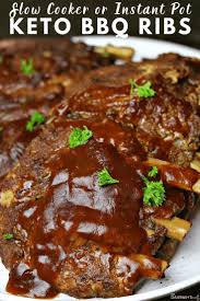 An Easy Keto Bbq Ribs Recipe That Can Be Made In A Slow Cooker Or Instant Pot Includes An Easy Sugar Free Bbq Recipes Ribs Slow Cooker Ribs Recipe Rib Recipes