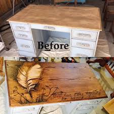Decorative Stain Art With Gradual Shading Vintage Oak Writing Desk With Feather Quill And A Quote From Cs Staining Wood Diy Wooden Projects Wood Burning Art